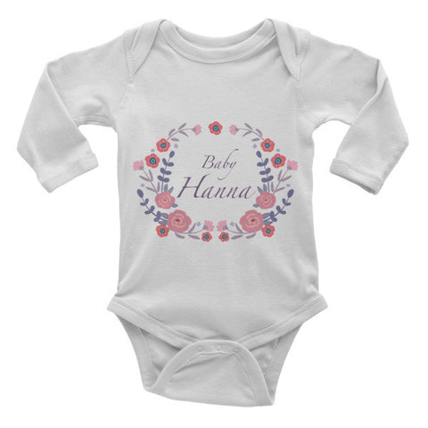 Custom name text Infant long sleeve one-piece with violet flowers wreath, personalized baby clothing