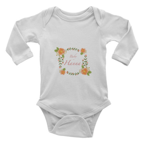 Custom name text Infant long sleeve one-piece with red flowers wreath, personalized baby clothing