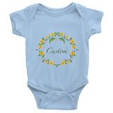 Custom name text Infant short sleeve one-piece with yellow flowers wreath, personalized baby clothing