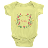 Custom name text Infant short sleeve one-piece with red and yellow flowers wreath, personalized baby clothing