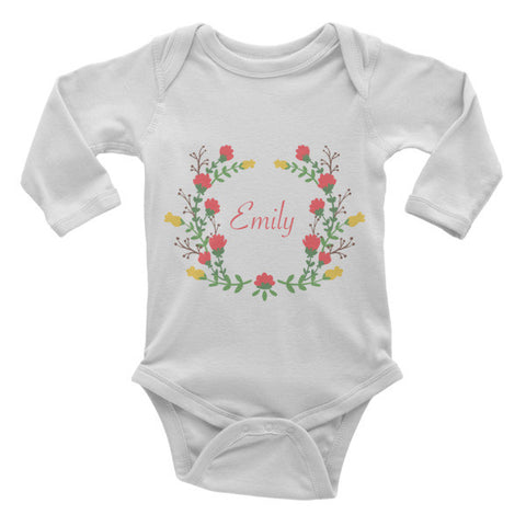 Custom name text Infant long sleeve one-piece with red and yellow flowers wreath, personalized baby clothing