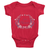 Custom name text Infant short sleeve one-piece with violet flowers wreath, personalized baby clothing
