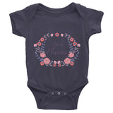 Custom name text Infant short sleeve one-piece with violet flowers wreath, personalized baby clothing