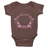 Custom name text Infant short sleeve one-piece with violet flowers wreath, personalized baby clothing