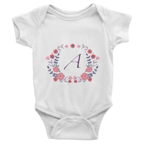 Custom name letter Infant short sleeve one-piece with violet flowers wreath, personalized baby clothing