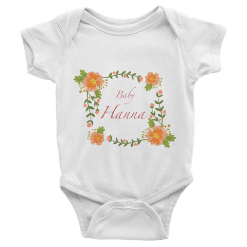 Custom name Infant short sleeve one-piece with red flowers wreath, personalized baby clothing