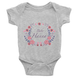 Custom name text Infant short sleeve one-piece with violet flowers wreath, personalized baby clothing