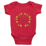 Custom name text Infant short sleeve one-piece with yellow flowers wreath, personalized baby clothing