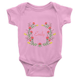 Custom name text Infant short sleeve one-piece with red and yellow flowers wreath, personalized baby clothing