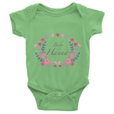 Custom name text Infant short sleeve one-piece with violet flowers wreath, personalized baby clothing