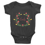 Custom name text Infant short sleeve one-piece with red and yellow flowers wreath, personalized baby clothing