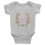 Custom name text Infant short sleeve one-piece with red and yellow flowers wreath, personalized baby clothing