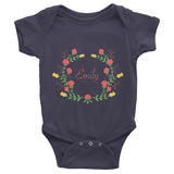 Custom name text Infant short sleeve one-piece with red and yellow flowers wreath, personalized baby clothing