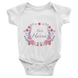 Custom name text Infant short sleeve one-piece with violet flowers wreath, personalized baby clothing