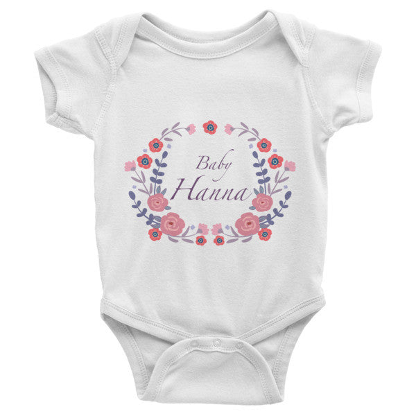 Custom name text Infant short sleeve one-piece with violet flowers wreath, personalized baby clothing