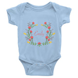 Custom name text Infant short sleeve one-piece with red and yellow flowers wreath, personalized baby clothing