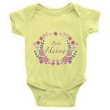 Custom name text Infant short sleeve one-piece with violet flowers wreath, personalized baby clothing