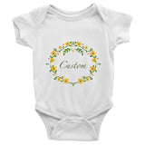 Custom name text Infant short sleeve one-piece with yellow flowers wreath, personalized baby clothing