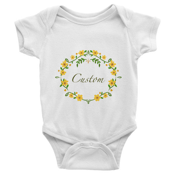Custom name text Infant short sleeve one-piece with yellow flowers wreath, personalized baby clothing