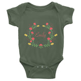 Custom name text Infant short sleeve one-piece with red and yellow flowers wreath, personalized baby clothing