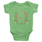 Custom name text Infant short sleeve one-piece with red and yellow flowers wreath, personalized baby clothing