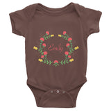 Custom name text Infant short sleeve one-piece with red and yellow flowers wreath, personalized baby clothing