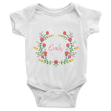 Custom name text Infant short sleeve one-piece with red and yellow flowers wreath, personalized baby clothing