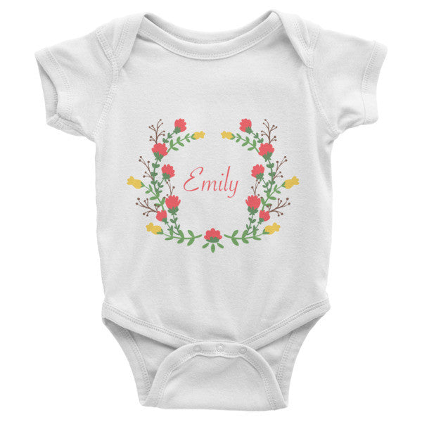 Custom name text Infant short sleeve one-piece with red and yellow flowers wreath, personalized baby clothing
