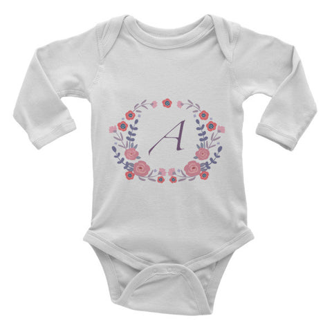 Custom name letter Infant long sleeve one-piece with violet flowers wreath, personalized baby clothing