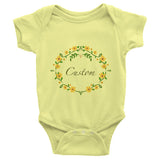 Custom name text Infant short sleeve one-piece with yellow flowers wreath, personalized baby clothing
