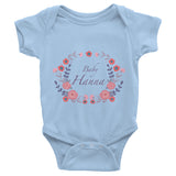 Custom name text Infant short sleeve one-piece with violet flowers wreath, personalized baby clothing