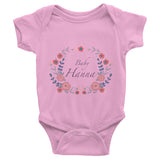 Custom name text Infant short sleeve one-piece with violet flowers wreath, personalized baby clothing