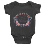 Custom name text Infant short sleeve one-piece with violet flowers wreath, personalized baby clothing